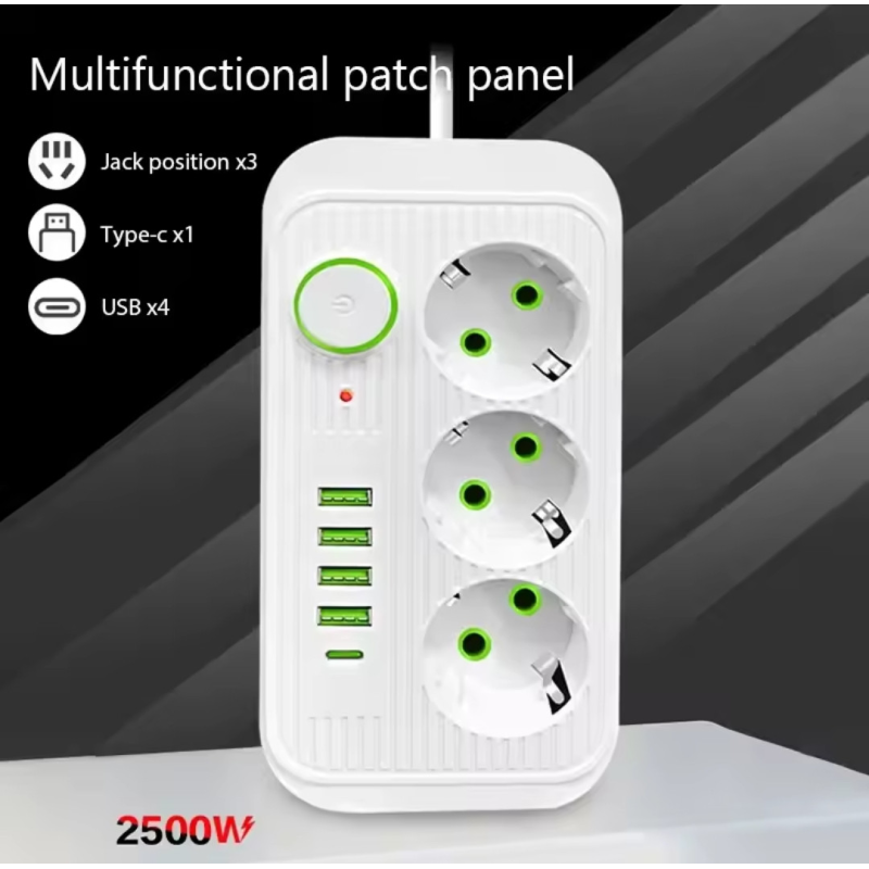 Подовжувач на 2500w з юсб на 3 розетки чорний 2м